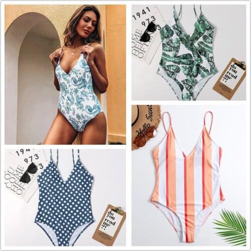 Sexy V-Neck One Piece Swimsuit Women Floral Leaf Print High Waisted Bathing Suit Monokini Ruffle Bikinis Beach Swimwear Bodysuit
