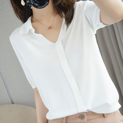 Summer Womans Sweater Female Pullover Polo Collar Short Sleeve Thin 100% Cotton Casual Knitted Tops Clothing Pull Femme Jumper