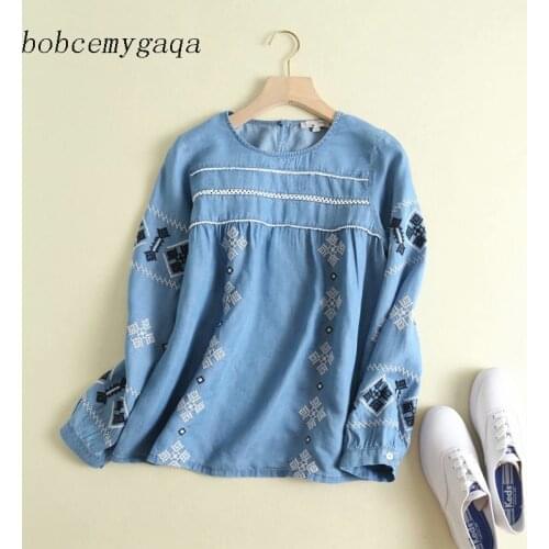 Embroidery denim blouse women summer pleated jeans blouse long sleeve ladies tops soft light blue blusas mujer streetwear