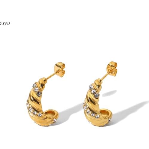 Rhinestone cz croissant earrings for women stainless steel C hoop earrings minimalist 90s accessories wholesale items 2021