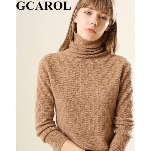 GCAROL Women 30% Wool Turtleneck Slim Sweater Diamond Lattice Warm Jumper Stretch Spring Fall Winter Knitted Pullover
