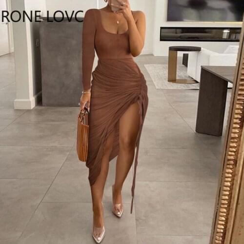 Women Solid Color Drawstring Ruched High Slit Bodycon Dress Maxi Dress Sexy Vacation Dress