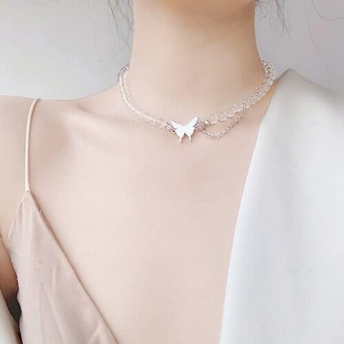 Butterfly Choker Necklace Clear Crystal Beaded Choker Chain Clavicle Necklace Titanium Steel Necklace Chain Women Jewelry