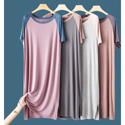 2021 summer new modal short-sleeved dress female color matching round neck plus size nightdress casual split base skirt