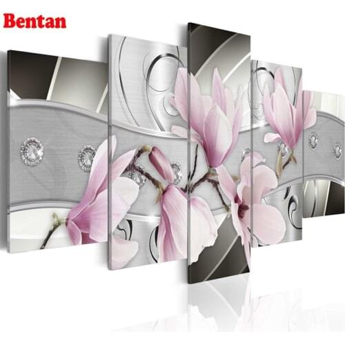 5 pcs diamond painting cross stitch magnolia flower full square round drill embroidery rhinestone mosaic set for living room art