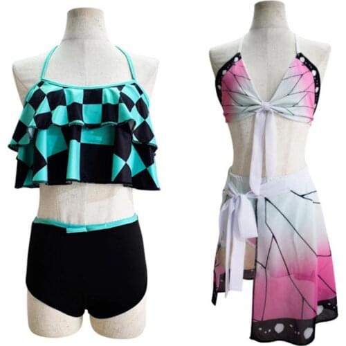 Anime Demon Slayer Cosplay Bikini Swimsuit Kimetsu No Yaiba Kamado Tanjirou Two Piece Bathing Outfits Kochou Shinobu Costume