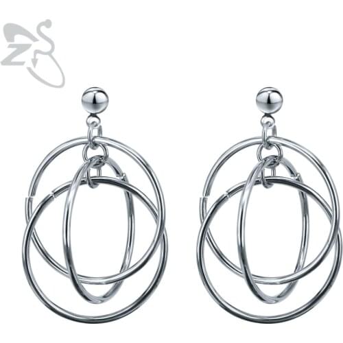 ZS Kpop Big Circles V Hanging Earrings for Men Women Silver Color Circle Ear Studs Korean Drop Earrings Boys' Punk Ear Jewelry