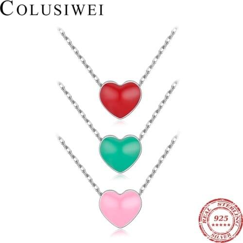 Colusiwei Cute Romantic Enamel Red Green Pink Love Hearts 925 Sterling Silver Link Chain Pendant Neckalce for Women Fine Jewelry