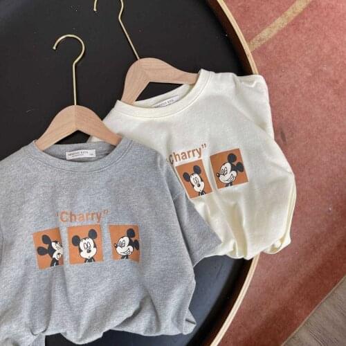 100% Cotton Childrens T-shirt 2021 Summer New Boys and Girls Cartoon Mouse Printing Short Sleeve T Baby Round Neck Shirt
