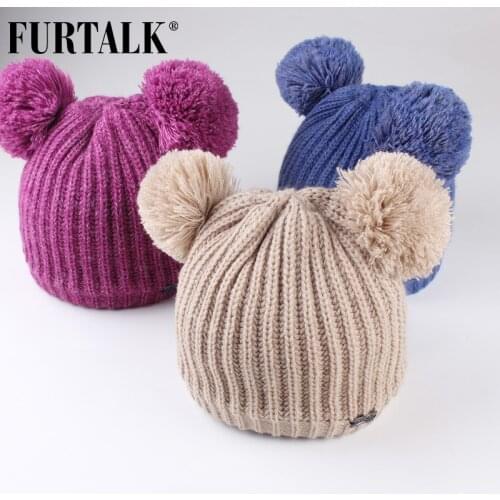 FURTALK Kids Winter Hat Double Pom Pom Hat Baby Boy Girls Knitted Fleece Beane Hat Child Winter Soft Warm Ear Cap Pink Yellow