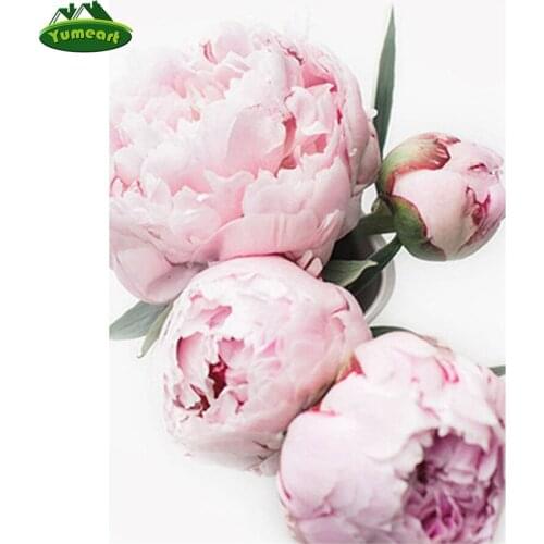 Yumeart Paint with Diamonds Rhinestones Picture Peonies Diamond Painting Mosaic Kits Embroidery Diamond Pink Flowers Wall Decor