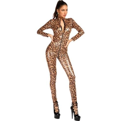 Women Sexy Wetlook Faux Leather Leopard Print Bodycon Jumpsuits Zipper Open Crotch Bodysuit Skinny Slim Romper Clubwear Outfits