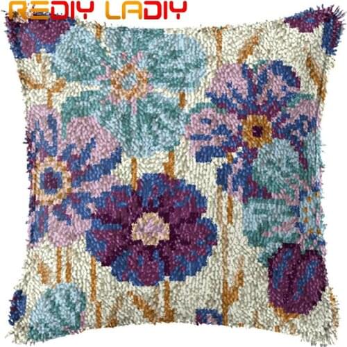 Latch Hook Cushion Blue Flowers Pre-Printed Canvas Cushion Front Acrylic Yarn Crochet Pillow Case Kit Sofa Bed Pillow Home Decor