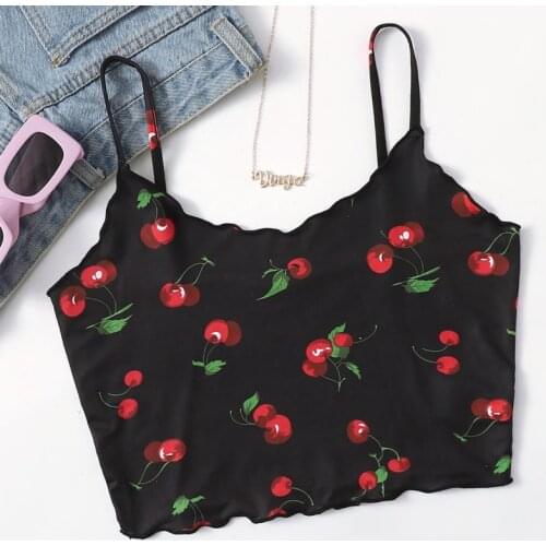 Ladies New Fashion Cherry Print Camis Vest Spring Female Summer Sleeveless Sexy Crop Tops Basic Camis Top