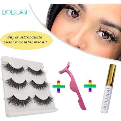 BOBILASH 3d False Mink Lashes Set Natural Long Makeup Eye Lashes Include 3Pairs Eyelashes&Quick Dry White Glue And Tweezers