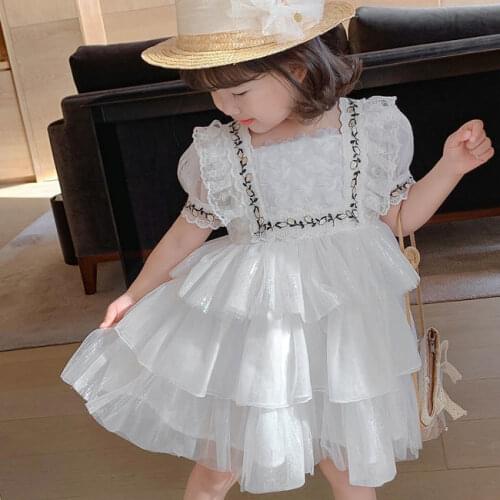 Girls Super Fairy White Birthday Party Dress 2021 Summer Children Baby Princess Gauze Cake Performance Dresses