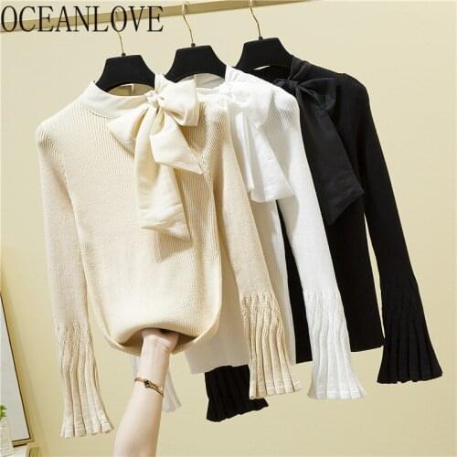 OCEANLOVE Bow Bandage Women Sweaters Solid Elegant Autumn Winter Tops Sueter De Mujer Korean Fashion Retro Sweet Pull Femme