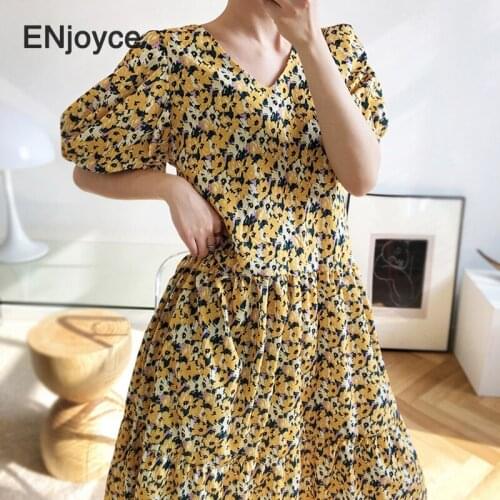 Retro Yellow Floral Maxi Dress Womens Korean Style Elegant Fashion Casual Puff Sleeve Boho Beach Party Sexy V Neck Long Dresses