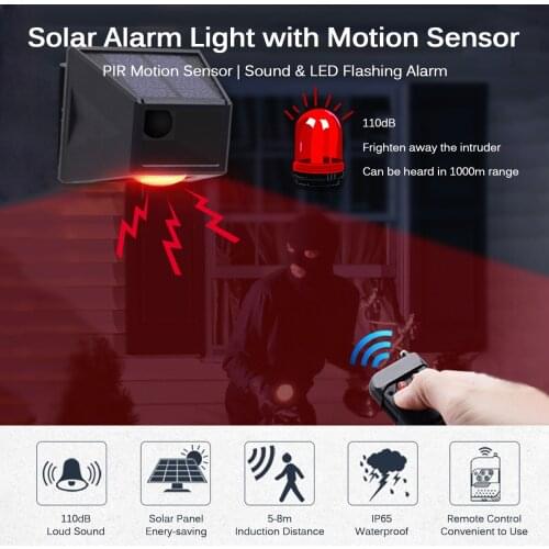 Solar Motion Sensor Alarm Lamp w/ Remote Controller Anti-animal Driver Professional Alarm Anti-theft Explosion Flash Alarm Siren