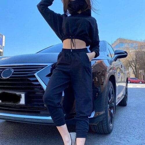Solid 2 Piece Set Women Loose Batwing Sleeve Hooded Cropped Tops Calf Length Sport Casual Pants Women Outfits Tracksuits