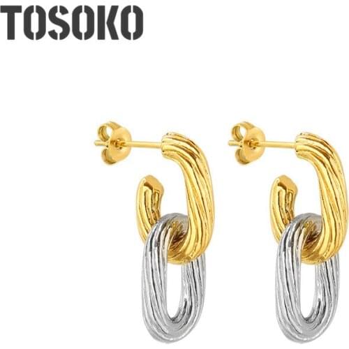 TOSOKO Stainless Steel Jewelry Embossed Oval Shaped Ring Earrings Womens Fashion Double Earrings BSF405