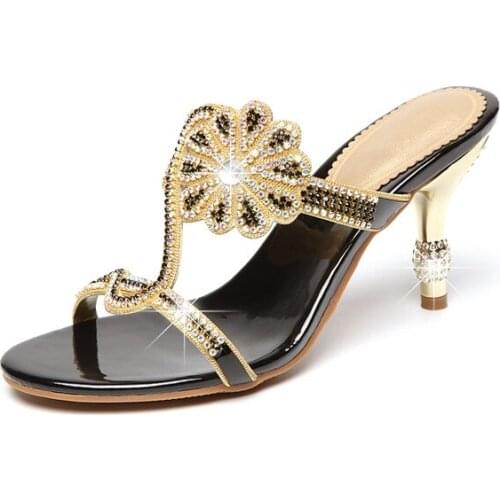 Venus chan Women Shoes Summer Slides Party Med Heels Shoes Women Rhinestone Triangle Slippers Flower Plus Size Flip Flops