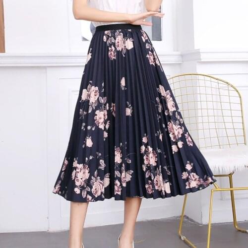 Korean Fashion Skirts Womens 2021 Elastic Waist Printed Mid-length With Pleated Large Hem A-line Skirt Faldas Largas Юбки