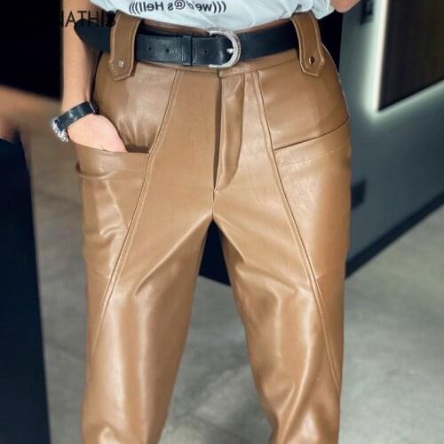 WannaThis Faux Leather Pant Straight Pants Women Trousers Autumn Elegant High Waist Pockets Sexy Loose Vintage Womens Pants New