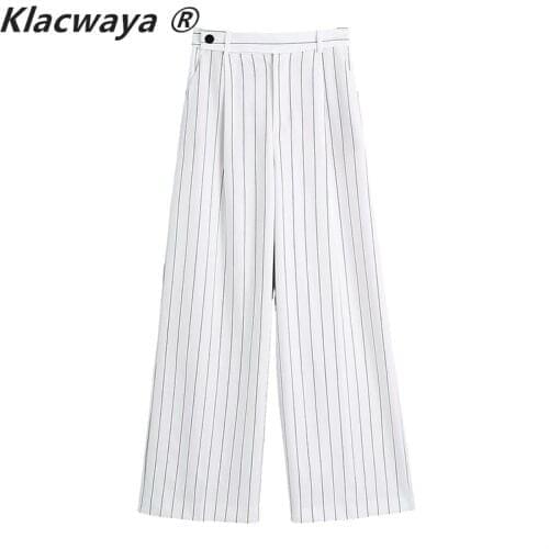 Klacwaya 2021 ZA Women Summer Striped Casual Loose Suit Pants Wide-Leg Trousers Ladies Elegant White Suit Long Pant