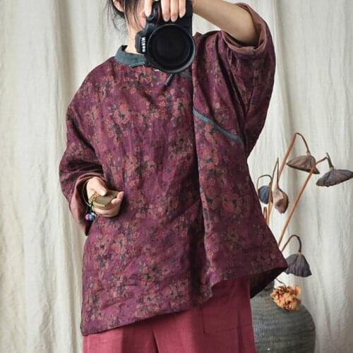 Johnature Women Vintage Print Floral Shirts Stand Long Sleeve Button High Quality Blouses 2021 Autumn Linen Tops Female Shirts