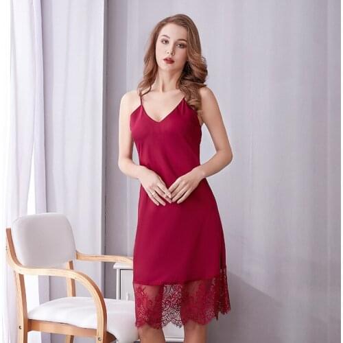 New 2020 ladies long ice silk lace deep V female summer sexy sling nightdress nightgown solid color large size