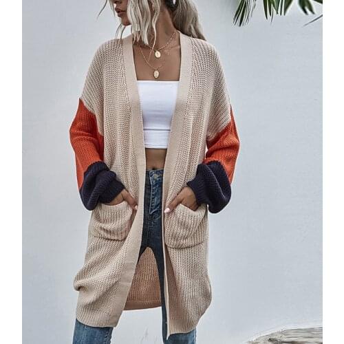 Women Cardigan Autumn Winter Long Knitted Cardigan Casual Patchwork Striped Long Sleeve Boho Crochet Oversized Sweater Coat 2021