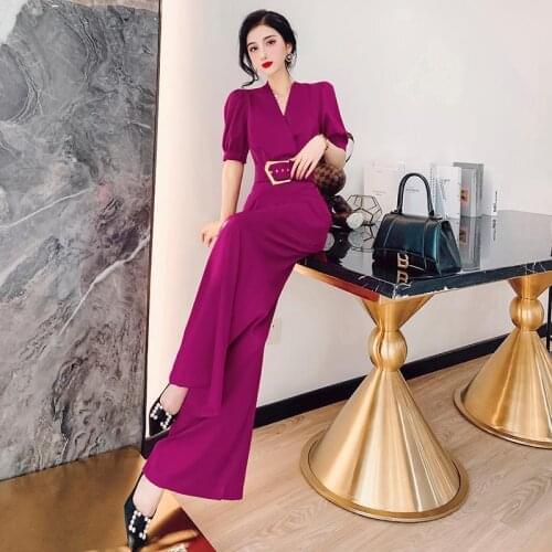 Women 2021 Summer Vintage Jumpsuit Female Sexy Deep V Neck Playsuit Elegant Office Lady Bodysuit Fashion Overall with Belt U199