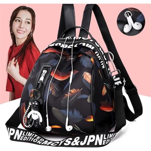 Women Fashion Balck Backpack with Keychain Oxford Feather Designer Travel Shoulder Bag School Bags for College Teenagers Girls