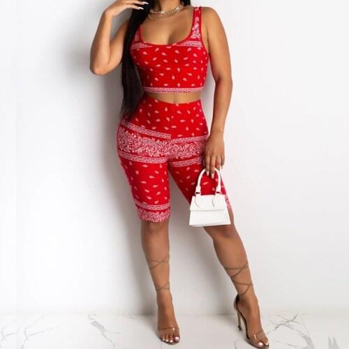 Newest Arrival Women Fashion Casual Exercise Suit Ladies Ethnic Pattern Slim Sleeveless Vest+High Waist Tight Shorts Clothes