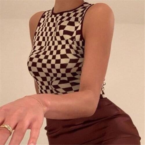 Womens Y2K Knitted Plaid Printed Tank Tops Summer Aesthetic Vintage Crop Top Vest Harajuku 2021 Streetwear