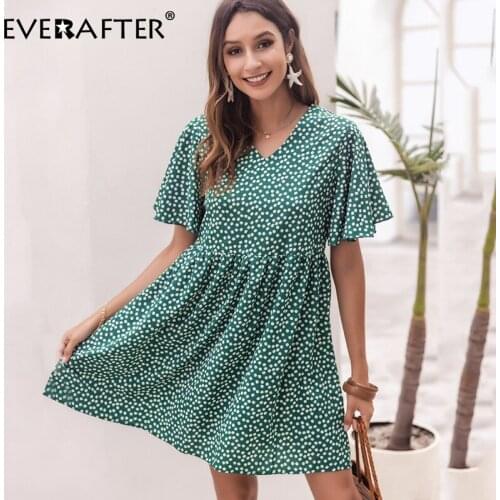 EVERAFTER Women floral print dress Elegant short sleeve high waist ruffles dress work wear office lady green dress 2020 summer