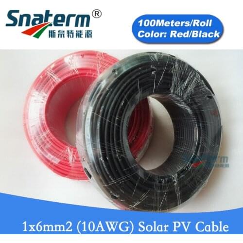 100 Meters/Roll 10AWG 6mm2 Solar Cable Red or Black Pv Cable Wire Copper Conductor XLPE Jacket TUV certification
