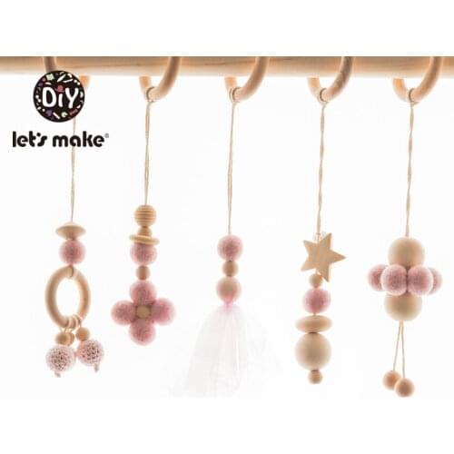 Lets Make 5pc/set Baby Stroller Pendant Bed Bell Hanging Soother Play Gym Toys Wooden Baby Rattle Teething Teether Set Chew Toy