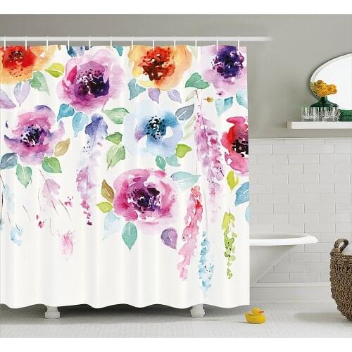 Abstract Shower Curtain Modern Design Watercolor Decor with Floral Leaves Seemed Ombre Details Art Print Multicolor