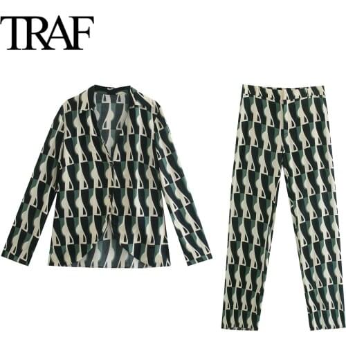 TRAF Women Fashion Vintage Printed Trousers Button Up Long Sleeve Shirt Fall 2021 Female Pants Set Two Piece Mujer