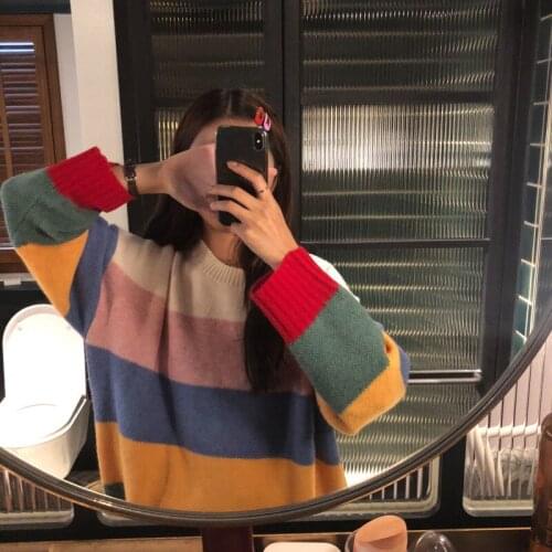 Rainbow Stripes Sweater Women Korean O-Neck Long-Sleeved Pullover Loose Soft Casual Pull Femme New Autumn Winter Knit Tops W013