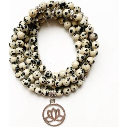 Natural Dalmation Jasper Stone Prayer Beads Mala 108 Beads Bracelet Meditation Mala Necklace Tibetan Silver Lotus Om 6mm Craft