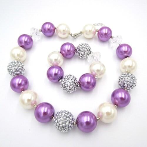 Kids Girls Chunky Bubblegum Necklace Bracelet Jewelry Sets 20mm Pearl Beads Strand Necklace DIY Handmade Toddler Jewelry Set