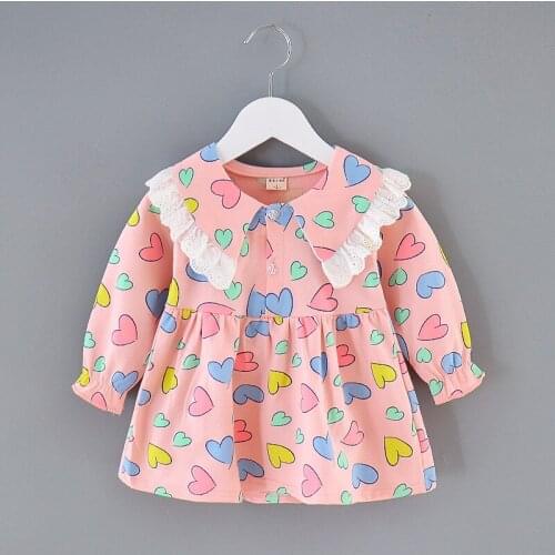 Baby Girls Dresses Kids Clothes Long Sleeve Autumn Fall Outfits Children Loveheart Printed Lace Splicing Party Princess Dress