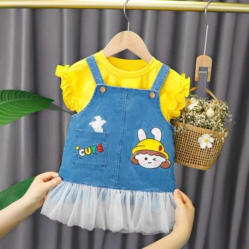 Baby womens summer baby womens jeans carrying skirt 2-piece suit childrens short sleeve suit