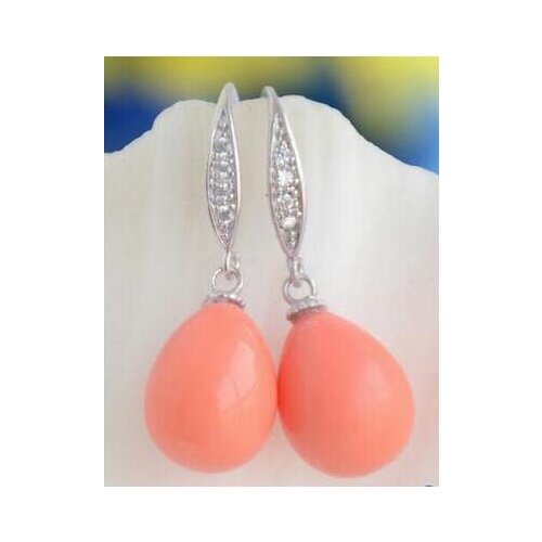 HOT SELL > 12*16MM PINK CORAL TEARDROP SOUTH SEA SHELL PEARL DANGLE EARRING