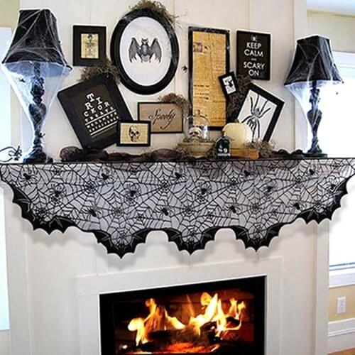 Halloween Party Tablecloth Stove Towel Curtain Spider Web Bat Black Tablecloth Fireplace Cover Halloween Decoration