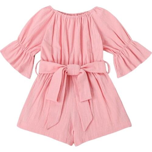 1-5Years Kids Jumpsuit Solid Color Boat Neck Short Sleeve Romper with Waist Belt for Girls, Yellow/Pink/Wine Red