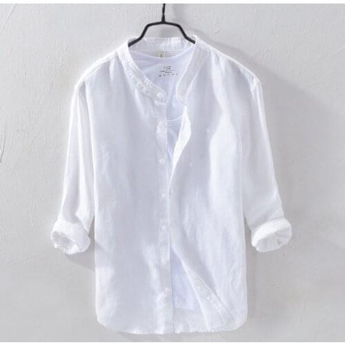 Mens 100% Linen Shirts Long Sleeve Casual Slim Mandarin Collar Shirts High Quality Men Business Flax Dress Shirts Male TS-411